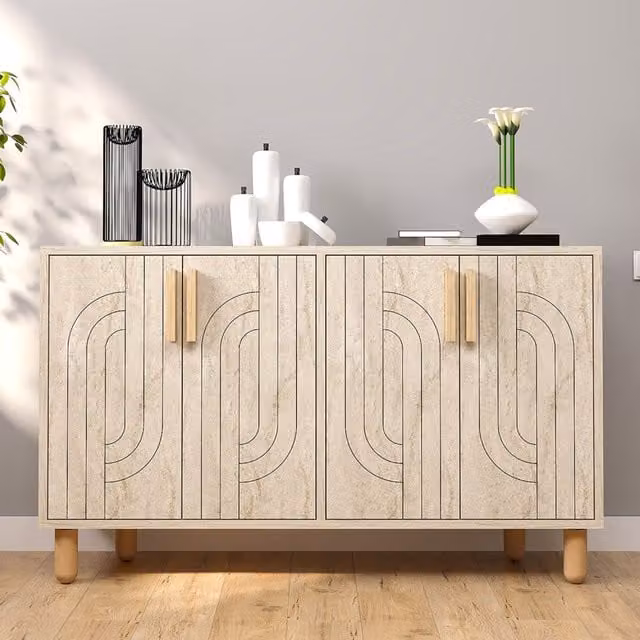 Aparador moderno Concept Usine de 4 puertas con efecto travertino veteado en color beige y detalles dorados An/P/Al: 120 x 73,6 x 30 cm