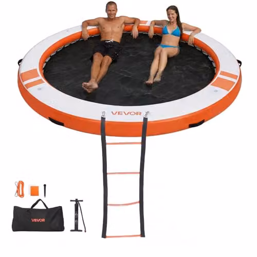 Colchoneta para piscina inflable VEVOR de forma circular con centro de malla y escalera desmontable, color blanco y naranja, Diámetro: 305 cm
