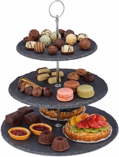 Set de 2 soportes para tartas de 3 pisos de relaxdays, de pizarra con asa metálica, color antracita y plateado, Diámetro: 30 cm, Ancho: 34 cm