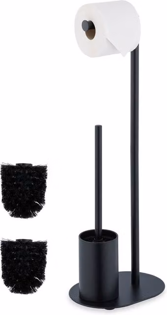 Escobillero y portarrollos de pie para baño de metal relaxdays, color negro, An/P/Al: 23 x 17 x 63 cm