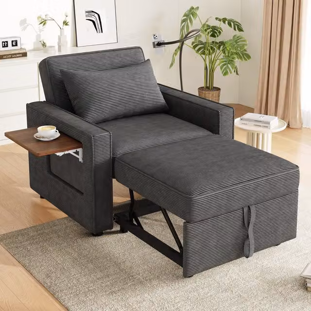 Sofá Cama Plegable Multifuncional KELLANY de 1 Plaza con Puerto de Carga USB y Soporte para Teléfono, Reclinable en Tela de Pana Gris
