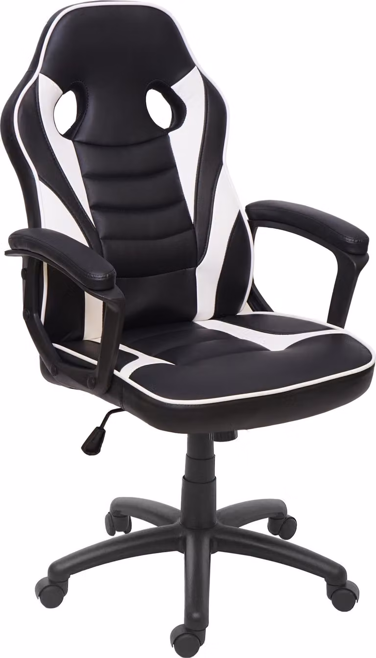 Silla de oficina giratoria Mendler en piel sintética, color blanco y negro, con reposacabezas y altura ajustable