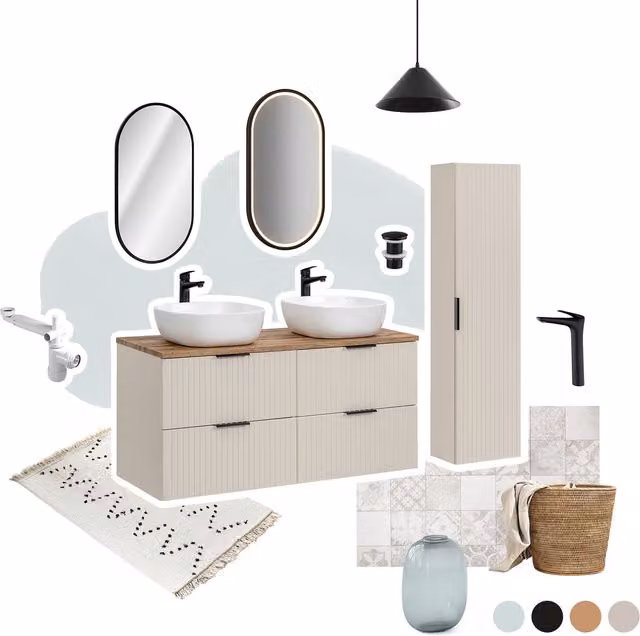 Juego de baño COMAD con lavabo integrado y luz LED en color beige mate, An/P: 80 x 46 cm