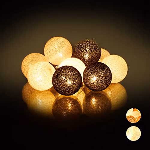 Guirnalda de luces LED Relaxdays con 10 bolas redondas de estilo boho, funciona a pilas, colores blanco, gris y negro, Diámetro: 6 cm