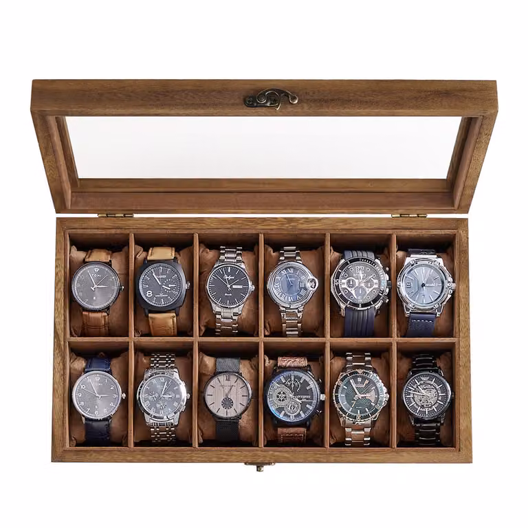 SONGMICS Caja para Relojes de Madera con 12 Compartimentos y Cristal, Color Marrón, An/P/Al: 35 x 20,4 x 8,5 cm