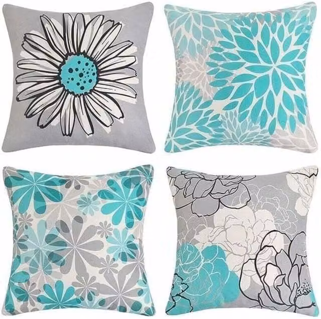 Juego de 4 fundas de cojín ODIPIE con diseño floral en lino sintético de poliéster, impermeables, colores turquesa y gris, An/P/Al: 45 x 45 x 45 cm