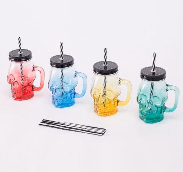 Set de 4 vasos de cristal con forma de calavera y pajitas de NORTHIX en multicolor