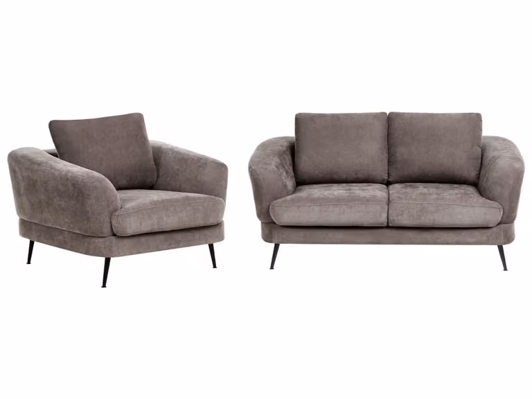 Conjunto de sofás Beliani de diseño moderno con estructura de metal y tapizado de tejido beige para salón, incluye sofá de 2 plazas, sillón y cojines decorativos