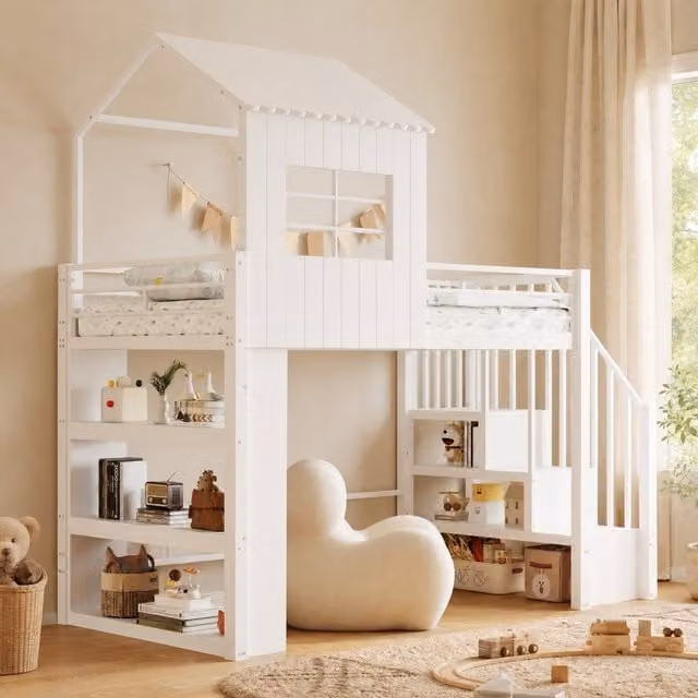 Cama alta para niños MODFU con estructura tipo casa, escalera con almacenamiento y estantes integrados, metal y MDF, color blanco, 90 x 200 cm
