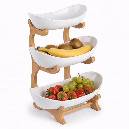 Etagere para frutas Relaxdays de 3 niveles con estructura de bambú y cuencos de plástico, color blanco, An/P/Al: 34 x 25 x 10 cm