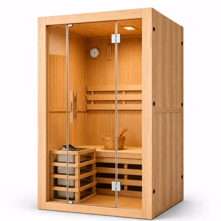 Sauna finlandesa Nix Spa de madera en color marrón con detalles de acero inoxidable para 2 personas