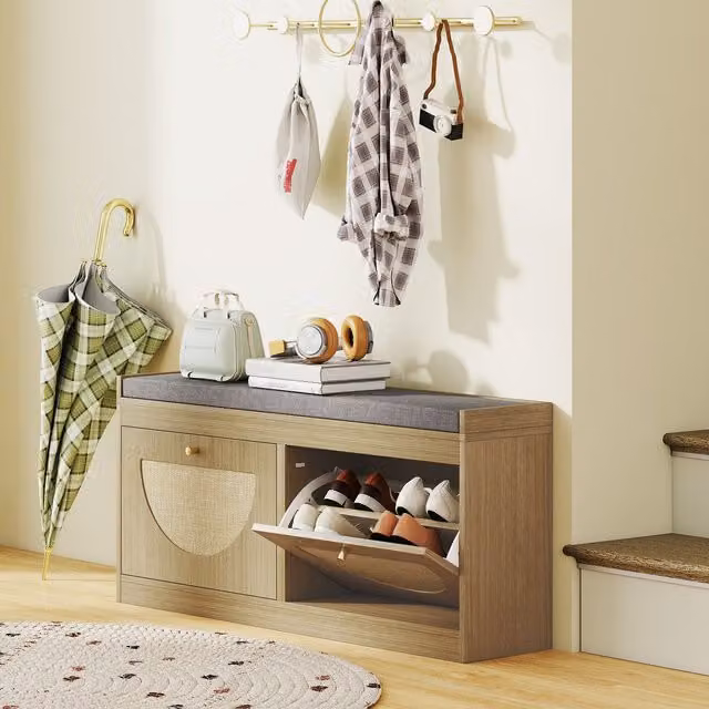 Banco zapatero bohemio HOMCOM con asiento acolchado y puertas de ratán para recibidor, An/P/Al: 104.5 x 24 x 48 cm