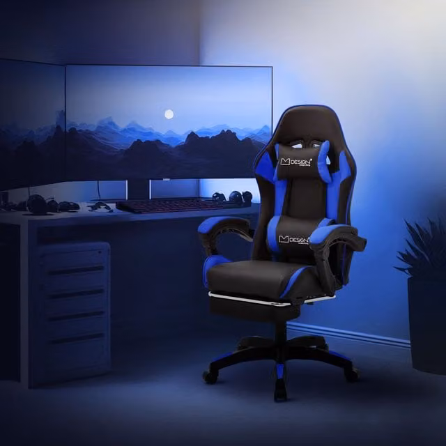 Silla de gaming ergonómica Ml-design en azul y negro con reposacabezas, reposabrazos y reposapiés, giratoria y ajustable para oficina o casa