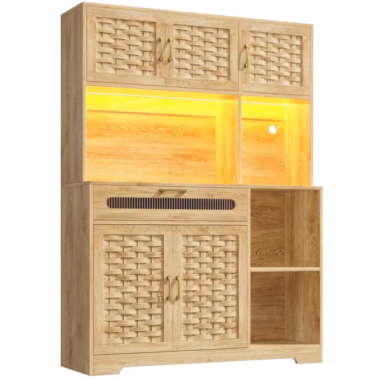 Armario alto REDOM con puertas de vidrio y estantes internos para cocina o salón, An/P/Al: 120 x 40 x 180 cm, color beige y marrón