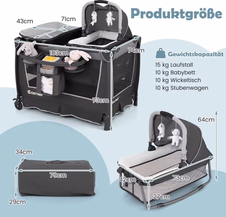 Cuna plegable 5 en 1 Northix con moisés y cambiador en color gris