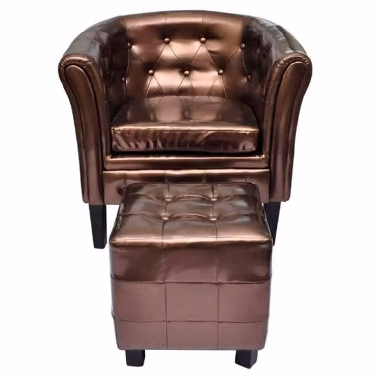 Sillón con diseño de cubo y reposapiés vidaXL en cuero sintético marrón y estructura de madera sólida
