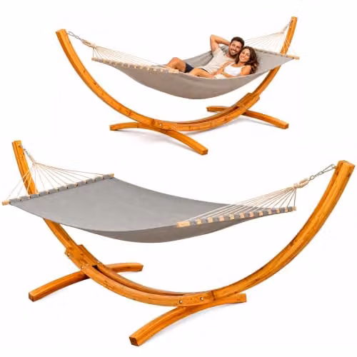 Hamaca doble con soporte de madera de alerce de AMANKA para jardín y terraza, disponible en marrón, gris o púrpura