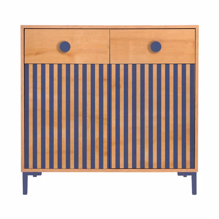 Cómoda moderna RNT by Really Nice Things con 2 puertas y 2 cajones con cierre suave, diseño de rayas en color roble, azul y beige para habitación infantil