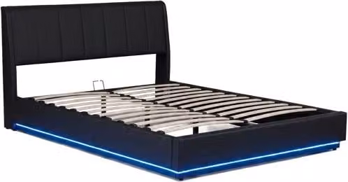 Cama tapizada Tröstiar de en.casa con somier abatible, iluminación LED y acabado en polipiel negra, An/P/Al: 180 x 200 x 89,5 cm