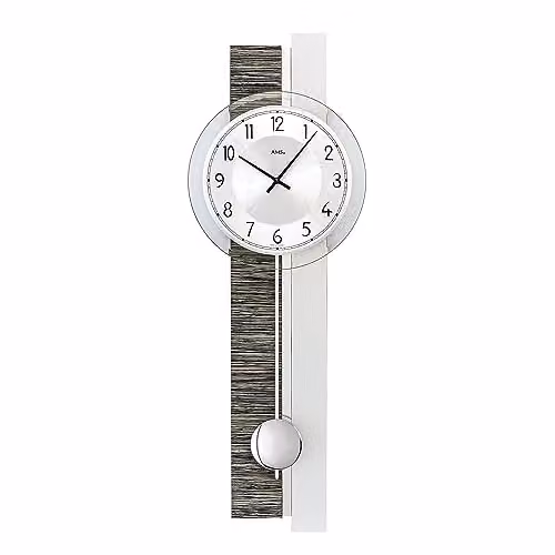 Reloj de pared analógico AMS 7439 con péndulo, diseño moderno redondo en color plata con materiales de madera, metal y cristal
