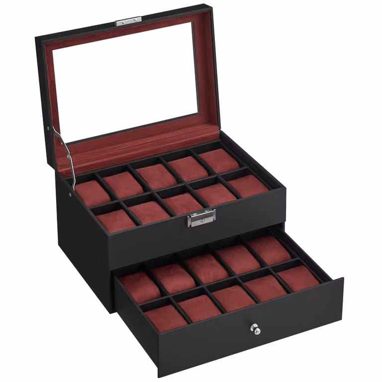 Caja para relojes Songmics de 2 niveles en color negro, rojo o rosa con detalles en madera y cristal An/P/Al: 28,5 x 20,5 x 16,5 cm