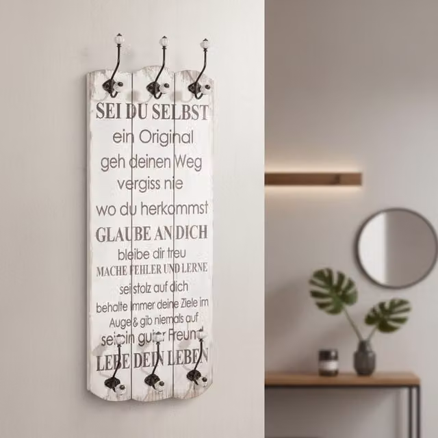 Aparador de pared Mucola con estantería y ganchos, diseño mediterráneo moderno en color blanco y marrón para salón o pasillo