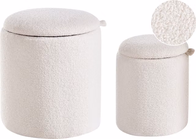Conjunto de 2 pufs con almacenaje Beliani en tejido bouclé color blanco crema An/P/Al: 30 x 40 x 37 cm y 40 x 30 x 46 cm