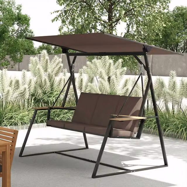 Columpio de jardín Outsunny de metal y poliéster marrón con toldo y cojines, An/P/Al: 222 x 131 x 175 cm