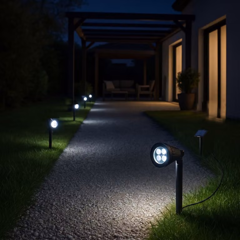 Proyector solar LED Lumisky Spiky Away de 200 lm con panel separado, luz blanco frío 6500K, sensor crepuscular y protección IP44 en color negro