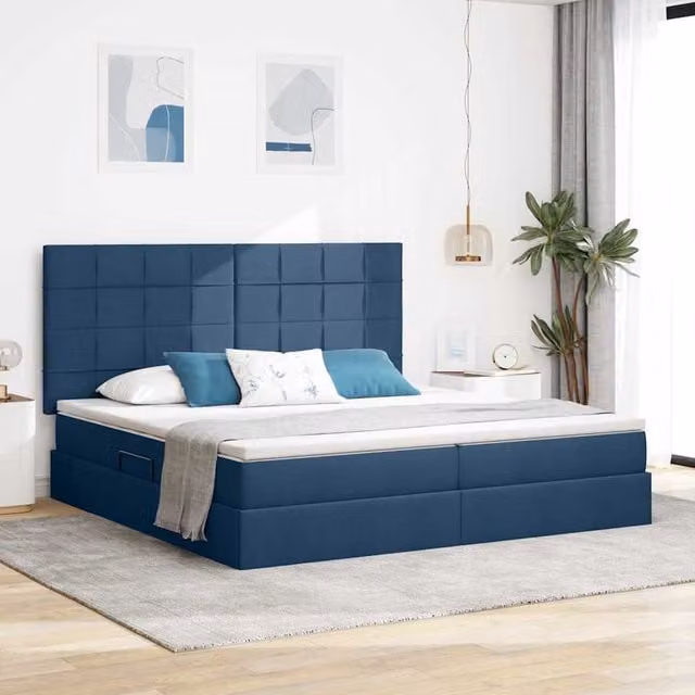 Cama con almacenamiento y colchón Maison Exclusive en color azul y negro con base abatible y estructura tapizada de 200 x 200 cm