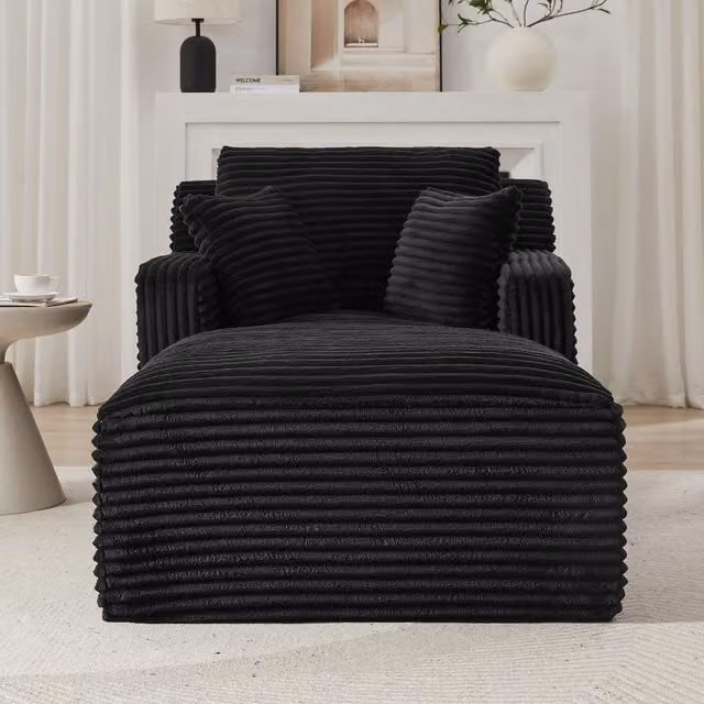 Sofá Chaise Longue Moderno KELLANY en Pana Negra con Función de Sofá Cama y Reclinable para Salón u Oficina
