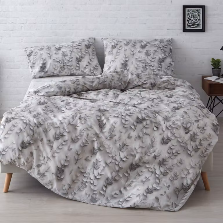 Juego de funda nórdica y fundas de almohada Manterol de algodón con estampado floral de ramas en color gris para cama de 150 cm