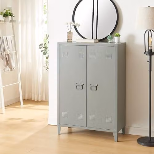 Armario Metálico de Oficina en.casa con 2 Estantes Regulables y Cerradura, Gris Mate, Al 110 x An 75 x P 33 cm