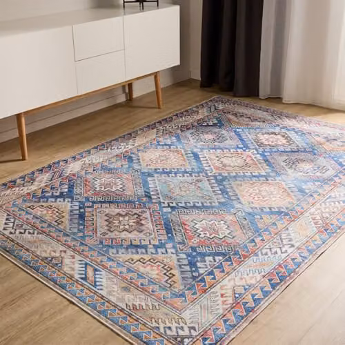 Alfombra de salón Benuta Basic George azul de estilo vintage y diseño abstracto, lavable y antideslizante, An/P: 300 x 400 cm