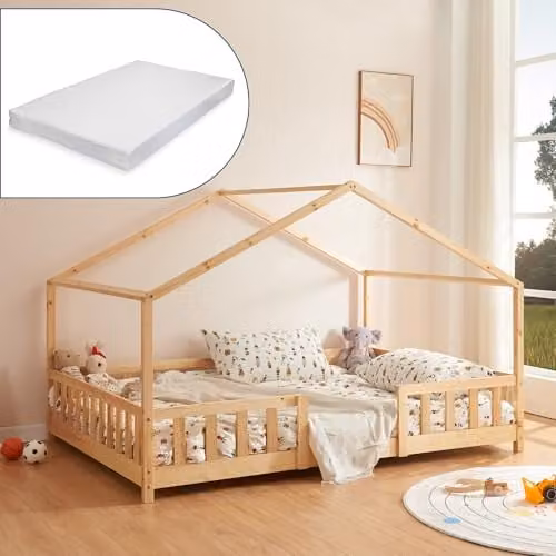 Cama infantil en forma de casita en.casa de madera de pino con colchón de espuma An/P/Al: 200 x 140 x 146 cm
