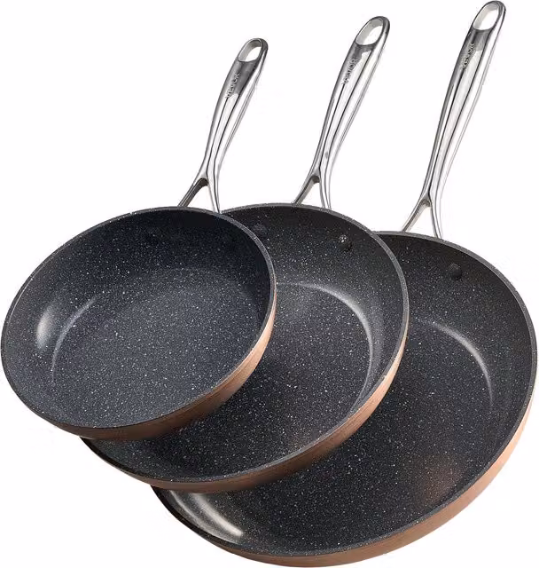 Juego de 3 sartenes de aluminio Vevor con revestimiento cerámico antiadherente, color gris, aptas para gas y electricidad