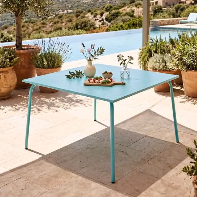 Mesa de comedor cuadrada de acero de Oviala en color turquesa mate, An/P/Al: 120 x 120 x 72 cm