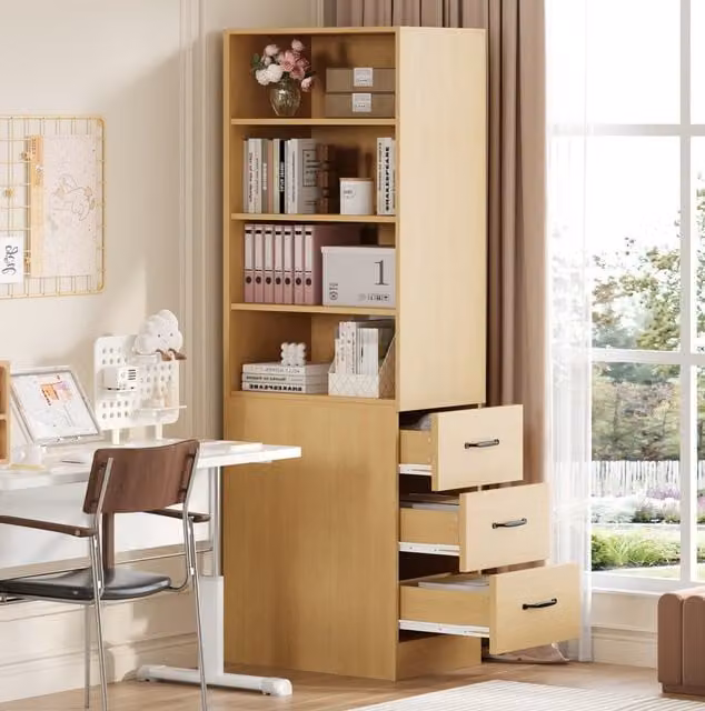 Librería Redom de diseño estrecho en color roble con 3 cajones laterales y estantes ajustables An/P/Al: 60 x 38 x 180 cm