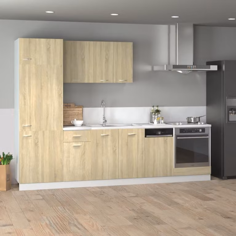 Conjunto de 7 armarios de cocina Lyon de Syfax en madera de roble Sonoma con acabado mate en color beige y marrón