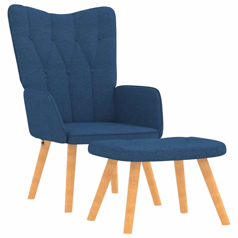 Silla de relajación con reposapiés vidaXL en tela azul y estructura de madera y metal