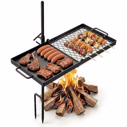 Parrilla giratoria para hoguera VEVOR de acero en color negro con soporte para camping y jardín, An/P: 61 x 35,5 cm