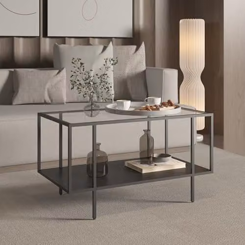 Mesa de centro Nynna en.casa con estante inferior y tablero de vidrio templado, color negro, An/P/Al: 90 x 50 x 50 cm