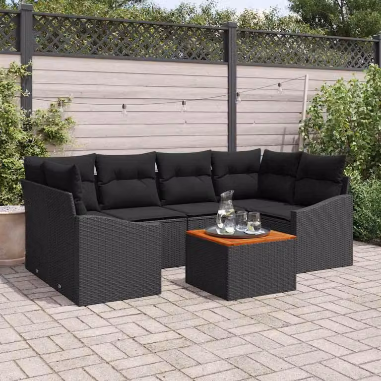Conjunto de sofás de jardín Syfax de 7 piezas en ratán sintético negro con cojines y mesa de centro para terraza o jardín