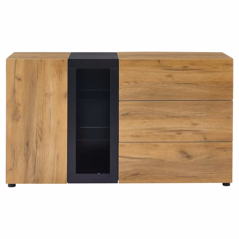 Aparador Urban Meuble con vitrina, iluminación LED y 3 cajones en acabado madera mate con colores marrón, negro y beige, An/P/Al: 140 x 40 x 80 cm