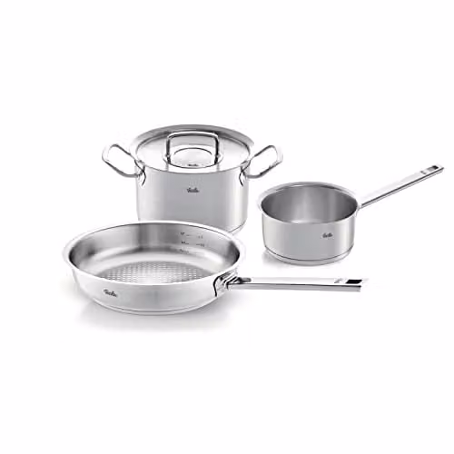 Juego de ollas Fissler Original-Profi Collection de 3 piezas en acero inoxidable color plata, incluye olla con tapa, sartén sin revestimiento y cazo, apto para inducción