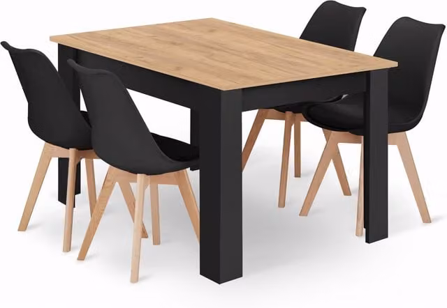 Conjunto de mesa de comedor rectangular y 4 sillas A2AHOME en madera de haya y acabado negro y marrón