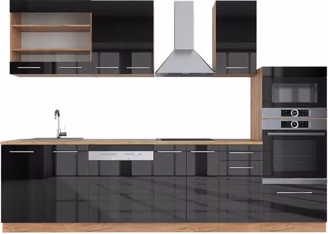 Mueble de cocina Vicco Fame-Line en antracita brillo y roble con armario alto, An: 300 cm