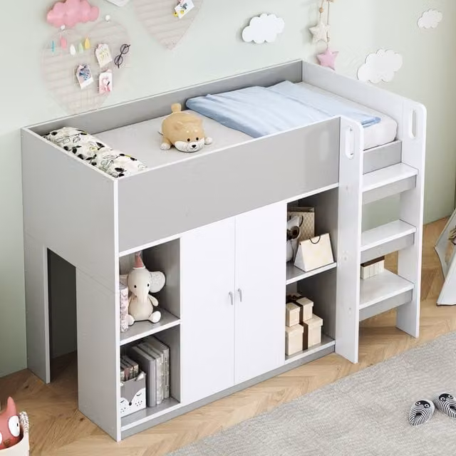 Cama alta individual MODENVIE para niños con escalera, armario y estantes, madera maciza y MDF, gris y blanco, An/P/Al: 90 x 200 x 205 cm