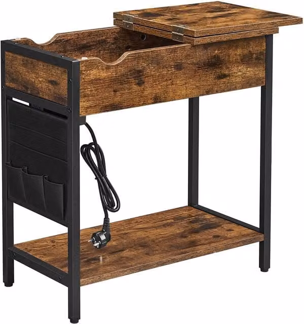 Mesa auxiliar con multienchufe y puertos USB VASAGLE en marrón rústico y negro