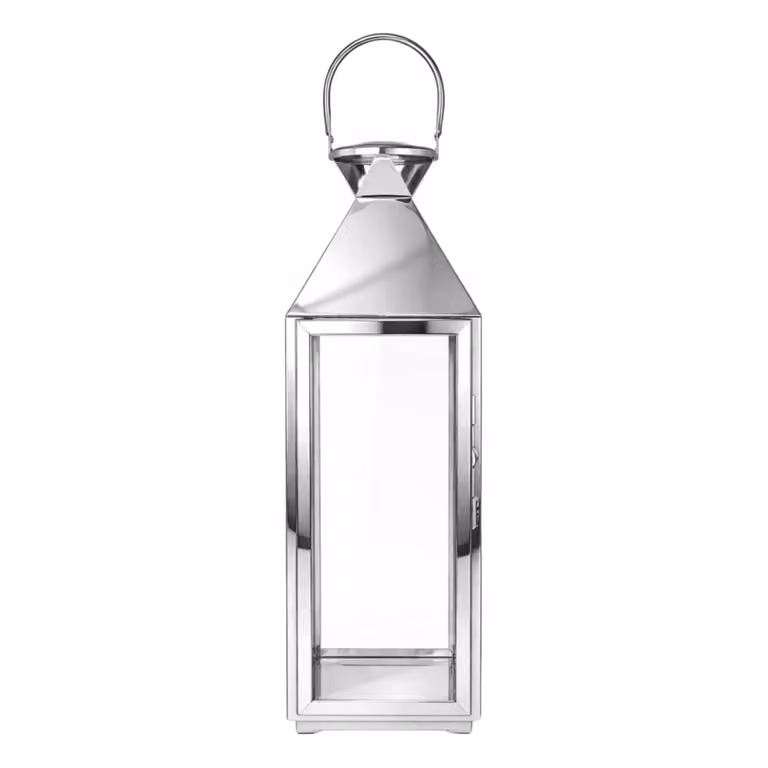 Farol decorativo de mesa Sia Deco en color plata con acabado de vidrio y metal de estilo clásico para velas de columna